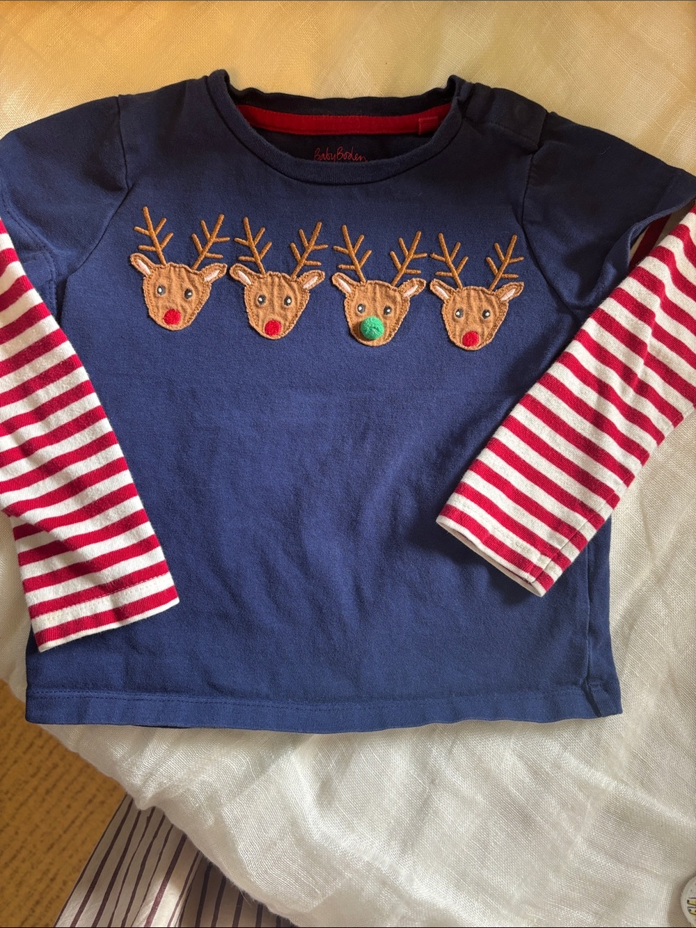 Mini Boden Navy Top with Reindeer Appliqués and Red-White Stripe Sleeves